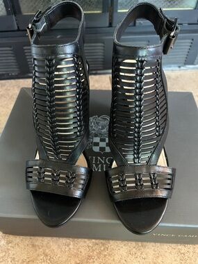 Vince Camuto Black Woven Leather Peep-Toe Ankle Strap Heels